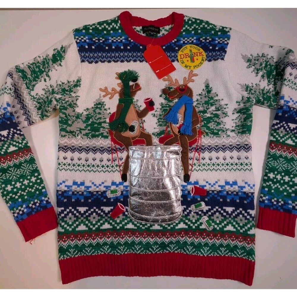 Funny Ugly Christmas Sweater Drinking Reindeer Beer Holder Pocket Blizzard Bay M